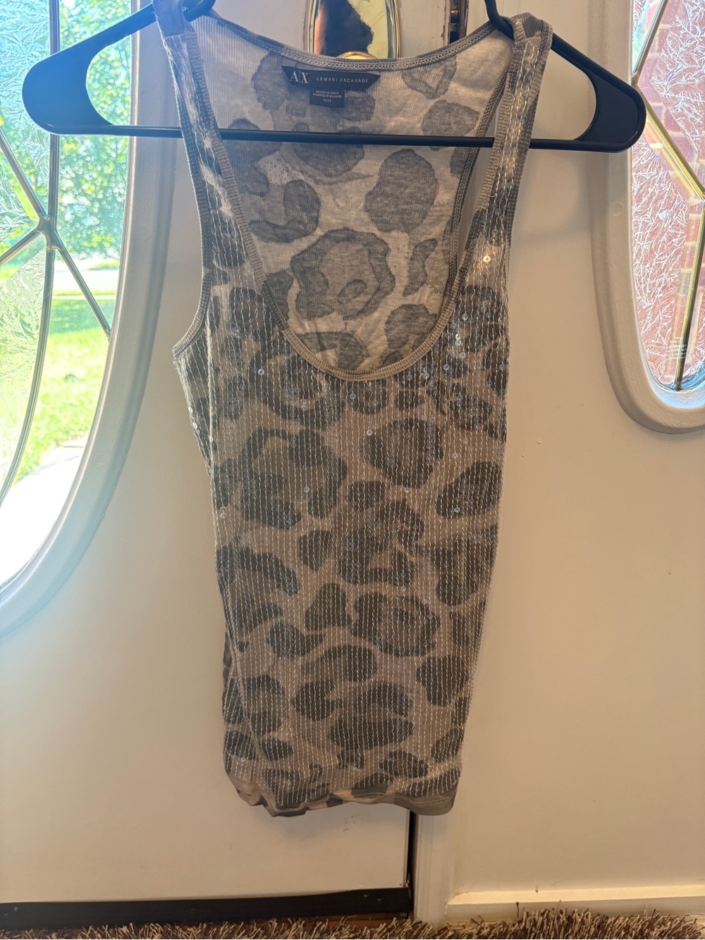 A/X Armani Exchange Metallic Leopard Print Tank Top in Silver and Gray